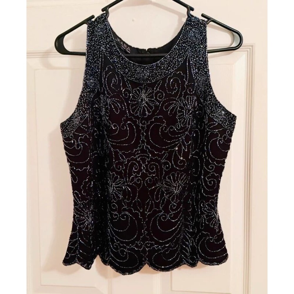 JKara Black Beaded Floral Holiday Sparkly Top